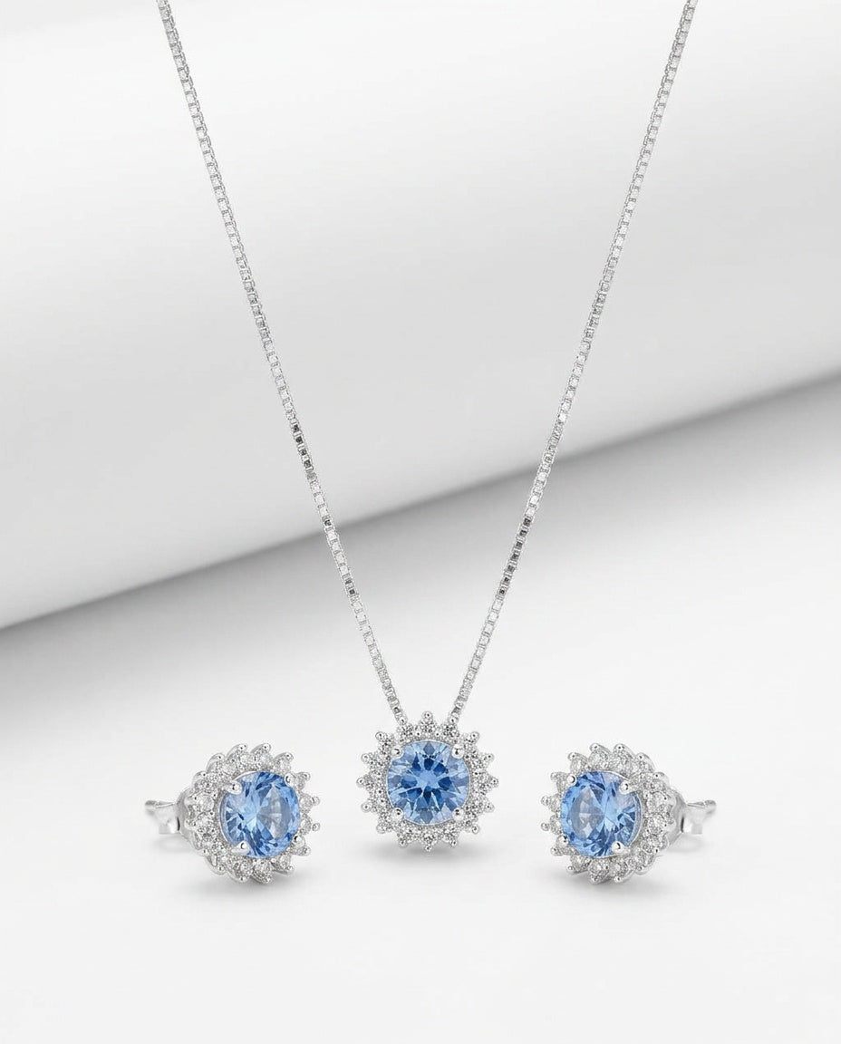Conjunto Colar e Brinco Ponto de Luz Cravejado Azul Turquesa